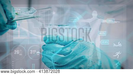 Medical data processing against mid section of health worker working at laboratory. medical research and technology concept