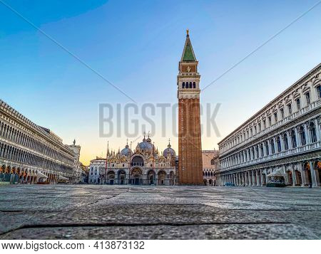 Basilica of Saint Mark and deserted San Marco Square during the crisis COVID-19