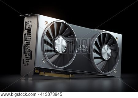 Graphics card. Modern gaming  GPU graphics processing unit on black. 3d illustration