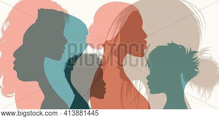 Silhouette Profile Group Of Men And Women Of Diverse Culture. Diversity Multi-ethnic And Multiracial