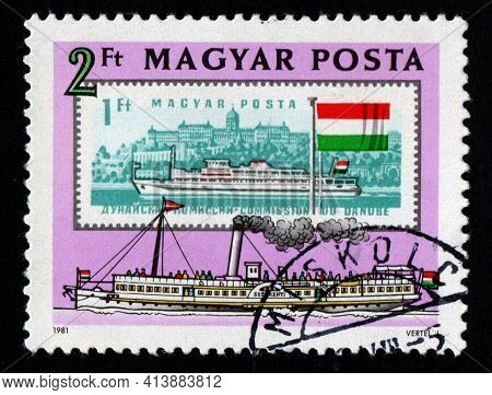 Hungary - Circa 1981: Postage Stamp Dedicated To Danube Commission. Ship On Postage Stamp Magyar Pos