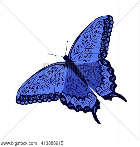 Blue Butterfly Vector Stock Illustration. Patterned Wings, A Summer Meadow Insect. Isolated On A Whi