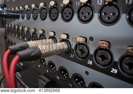 Jack-type Audio Connectors Inserted Into The Line Inputs Of A Mixing Desk With More Jack And Xlr Inp