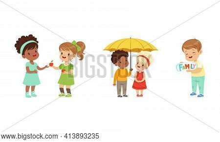Kind And Fair Little Girl And Boy Character Sharing Apple And Umbrella With Agemate Vector Illustrat