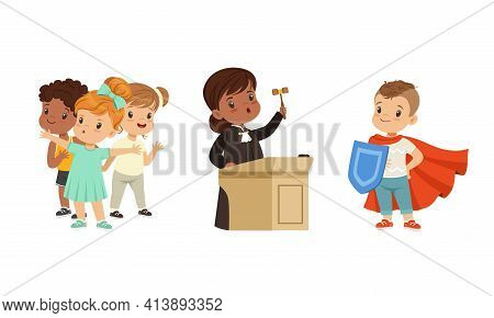 Kind And Fair Little Girl Character Protecting Agemate And Boy Holding Shield Vector Illustration Se