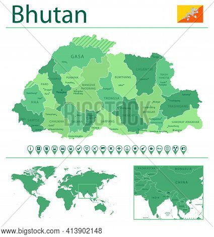 Bhutan Detailed Map And Flag. Bhutan On World Map.