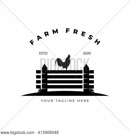 Farm Fresh Rooster On Fence Logo Vector Illustration Design
