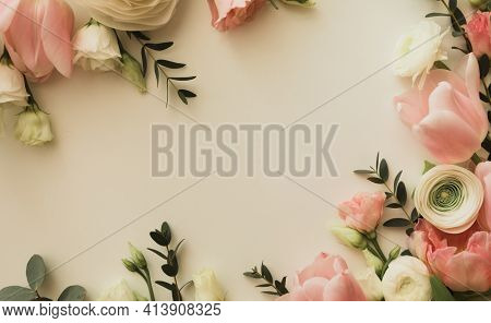 Pink And White Flowers Border Design Over The White