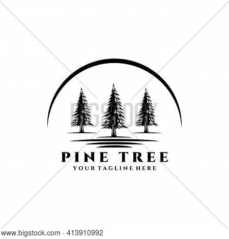 Pine Tree Logo Vector Illustration Design, River Vintage Trees