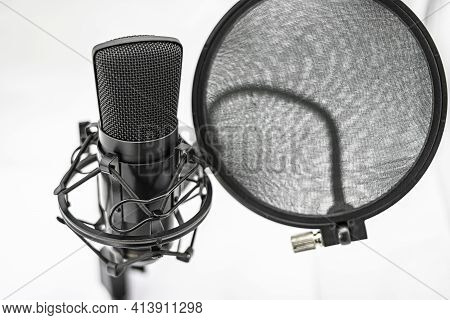 Large Capsule Condenser Microphone With Stand And Antipop Filter. Voice Mic