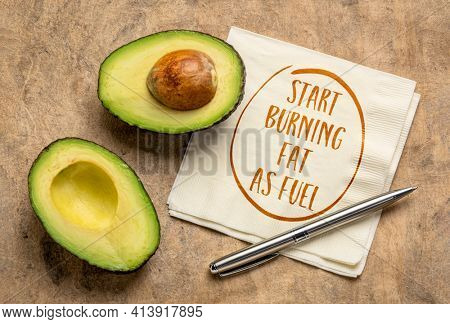 start burning fat as fue, keto diet concept - handwriting on napkin with a cut avocado against bark paper, healthy eating and lifestyle