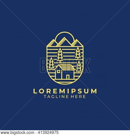 Cottage Line Art Logo Vector Illustration Design, Cabin Line Art Logo