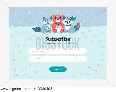Email Subscription Design With Cute Tribal Animals. Online Newsletter Template With Subscribing Butt