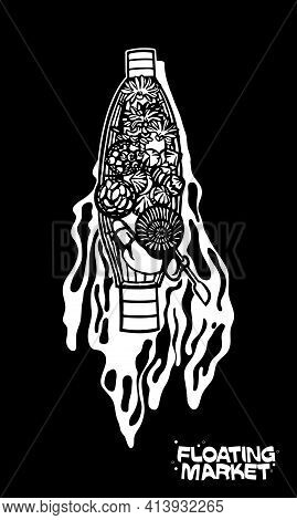 Hawker Selling Fruits On Boat In A Thailand Floating Market. Vector Illustration, Presented By Using