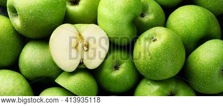 Photo Of Ripe Green Apples Background, Panoramic Image