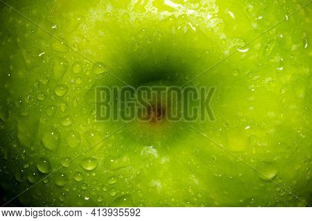 Green Apple With Water Drops Close-up, Fruit Background