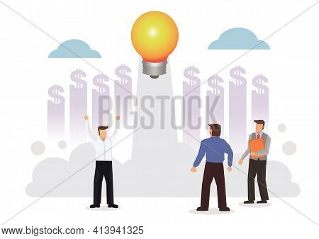 Light Bulb Launching To Space On White Background Surrounded By Businessmen. Project Start Up And Su