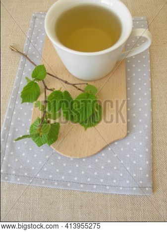 Hazelnut Leaf Tea And A Twig With Young Hazel Leaves