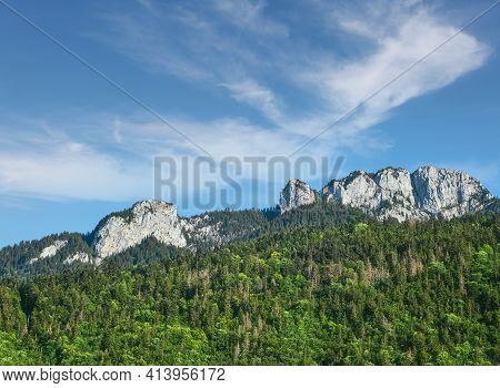 Mont Blanc Rocky Range Peaks Over Green Woodland Mountains, Sunny Day, Beautiful Low Angle View From