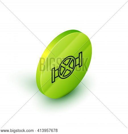 Isometric Line Industry Metallic Pipe And Valve Icon Isolated On White Background. Green Circle Butt