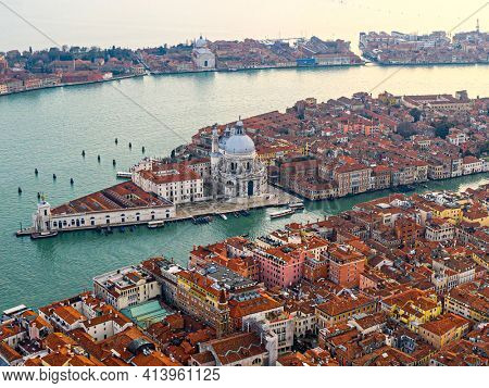 Aerial view of the Grand Canal, Basilica Santa Maria della Salute and giudecca island, Venice, Italy