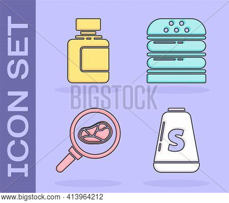 Set Salt, Sauce Bottle, Steak Meat In Frying Pan And Burger Icon. Vector