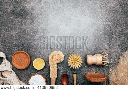 Eco Friendly Plant Based Cleaning Brush Set, Bamboo Kitchen Scrub Brush Set Of 4 With Soda And Lemon