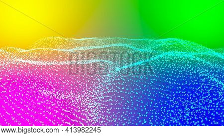 Abstract Digital Colorful Circle Of Wave Particle, On Bright Blue, Yellow, Pink And Green Background