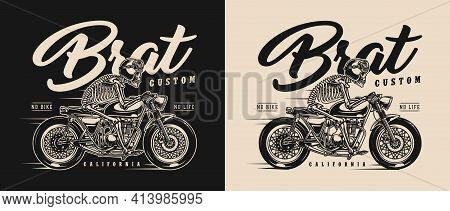 Brat Style Motorcycle Vintage Label With Skeleton Racer In Moto Helmet And Goggles Riding Custom Mot