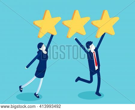 Rating For Business. Consumer Rate To Choose Positive Stars For The Application. Isometric Vector Co
