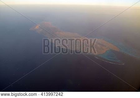 View from the airplane window of the mountains and sea resort of Egypt, Sharm El Sheikh.Flight from Kiev