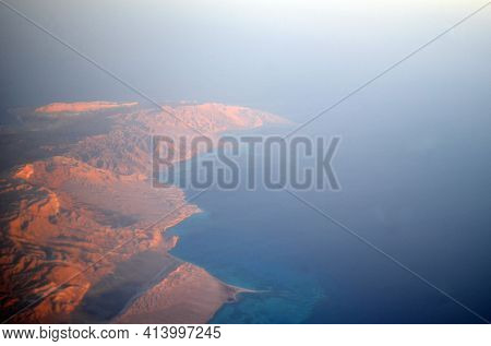 View from the airplane window of the mountains and sea resort of Egypt, Sharm El Sheikh.Flight from Kiev