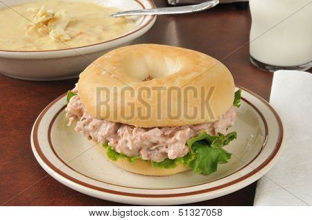 Tuna Sandwich On A Bagel With Soup