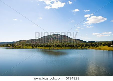 アンダルシア オリーブの木の丘と湖