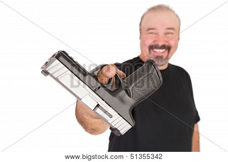Big Guy Hands His Gun Friendly