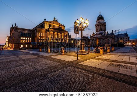 French Cathedral And Concert Hall On Gendarmenmarkt Square At Night, Berlin, Germany