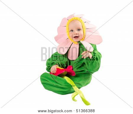 Adorable ?hild Boy, Dressed In Flower Costume On White Background. The Concept Of Childhood And Holi