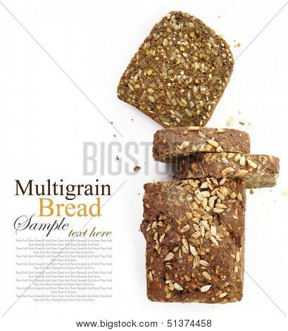 Loaf of fresh sliced multigrain bread, isolated on white