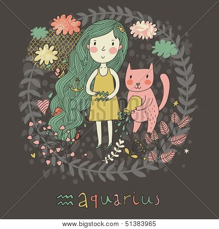 Cute zodiac sign - Aquarius. Vector illustration. Little girl with long beautiful hair with her pink cat in the clouds and flowers. Doodle hand-drawn style in dark colors