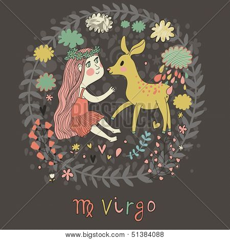 Cute zodiac sign - Virgo. Vector illustration. Little beautiful girl with long hair playing with lovely fawn with in the clouds and flowers. Doodle hand-drawn style in dark colors