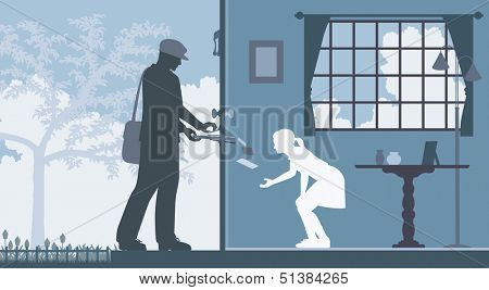 Editable vector illustration of a mailman delivering letters to a house with a girl waiting inside