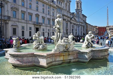ROME, ITALY - APRIL 18: View of Fontana del Moro, in Piazza Navona, looking northwards on April 18, 2013 in Rome, Italy. This popular city square is the largest in Rome