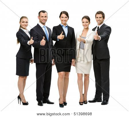 Full-length portrait of thumbing up group of business people, isolated on white. Concept of teamwork and cooperation