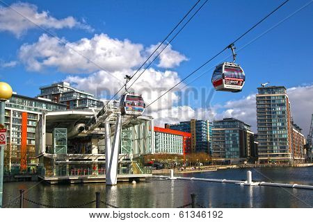 LONDON, UK - MARCH 06, 2014: London's Cable car connecting Excel exhibition centre and O2 arena, two