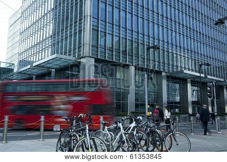 LONDON, UK - MARCH 10, 2014: Canary Wharf business aria. Public transport Famous Red Double Decker B