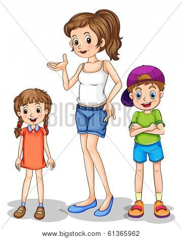 Illustration of a girl and her siblings on a white background