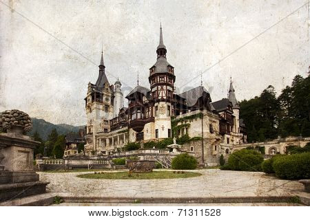 Vintage postcard of Peles Castle, Sinaia, the former kingdom residence in Romania