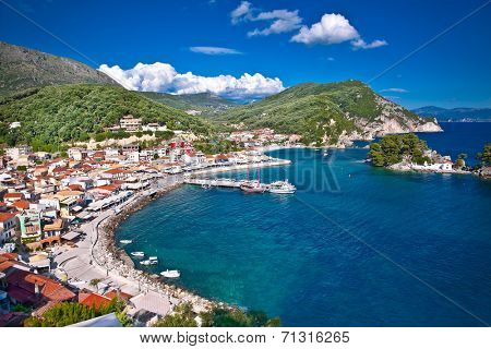 Beautiful panoramic view of Parga port and houses colors, Greece.