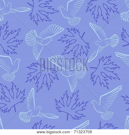 Seamless pattern with pigeons and leaves on a blue background