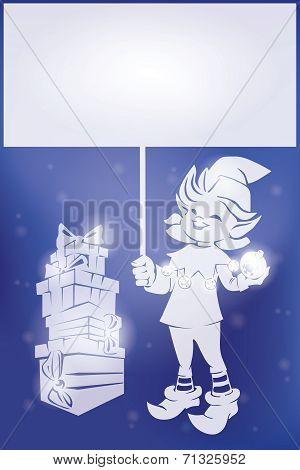 Santa elf on Christmas card, bunner, lettering